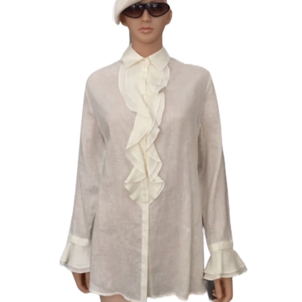 NWOT Vintage LOUIS FERAUD Feminine pure Linen Ruffled Blouse